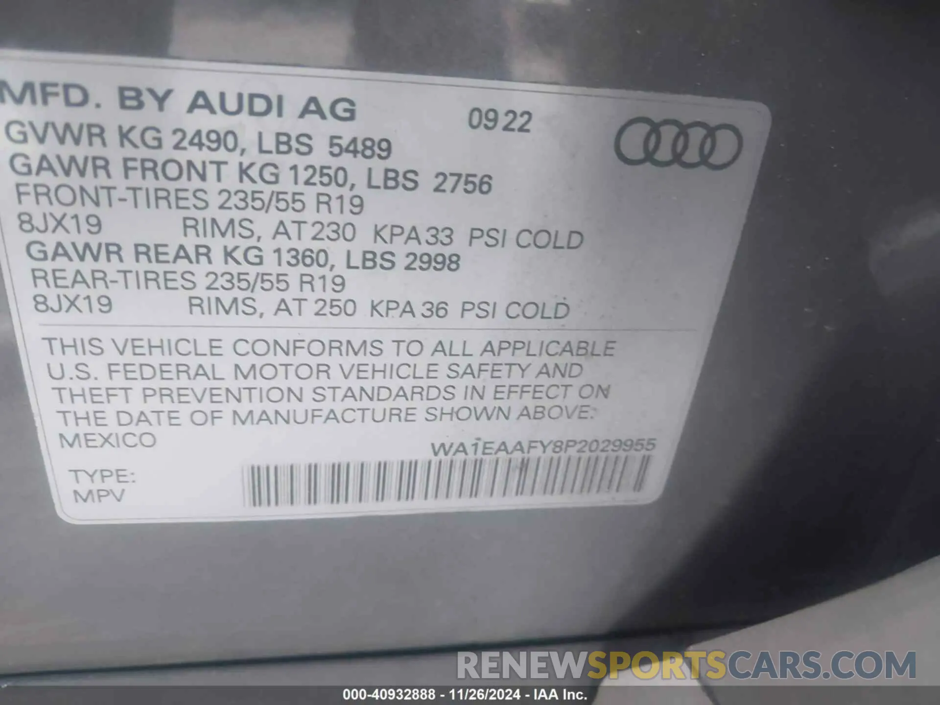 9 fotografías del automóvil dañado WA1EAAFY8P2029955 AUDI Q5 2023