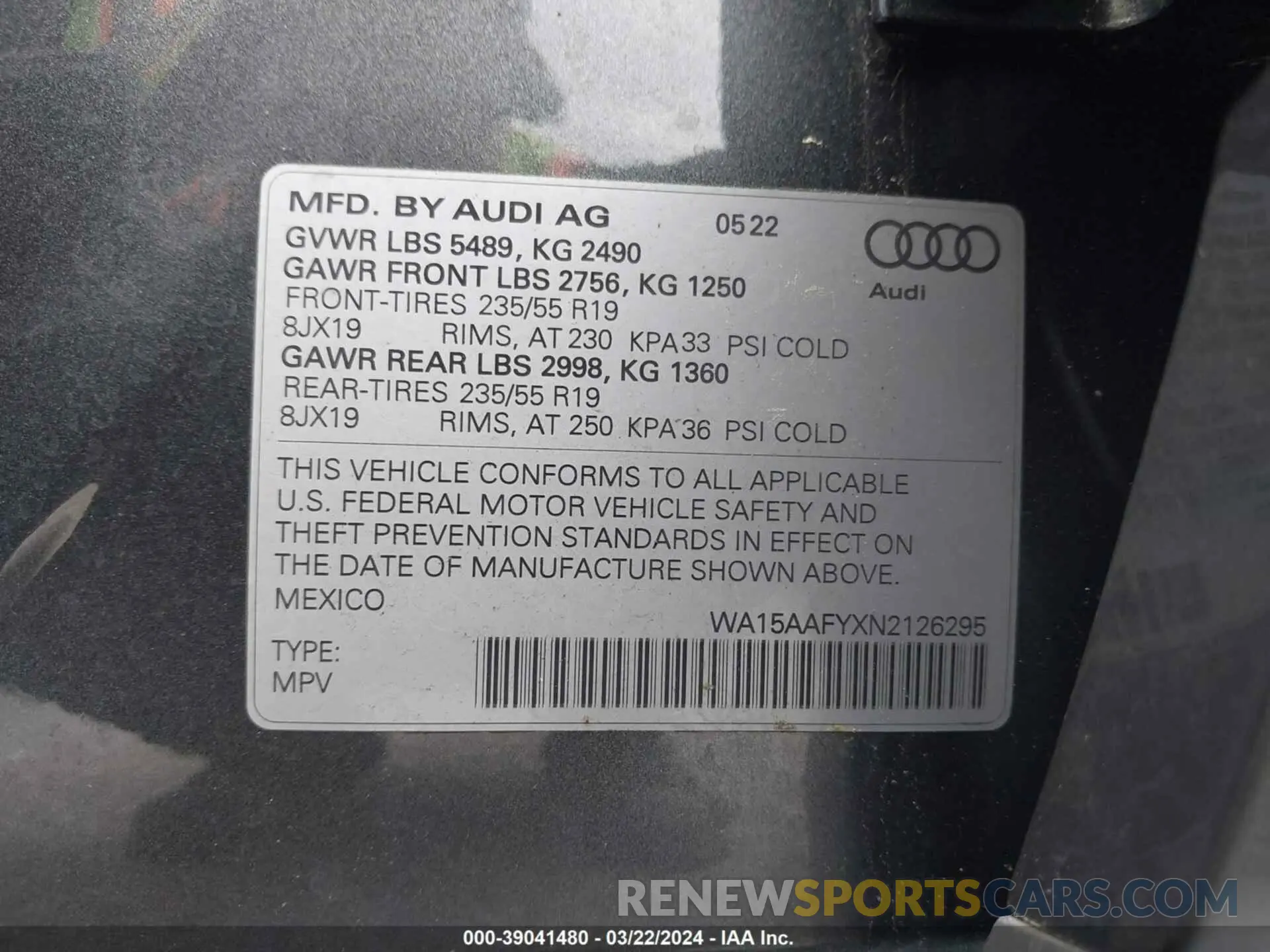 9 fotografías del automóvil dañado WA15AAFYXN2126295 AUDI Q5 SPORTBACK 2022