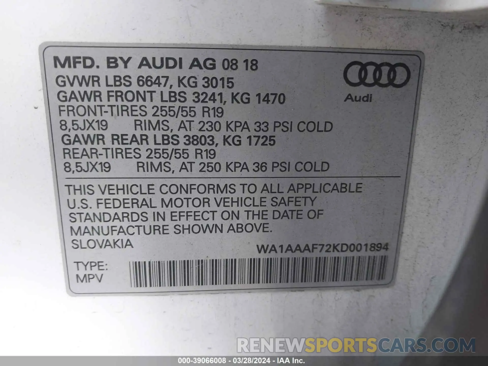 9 fotografías del automóvil dañado WA1AAAF72KD001894 AUDI Q7 2019