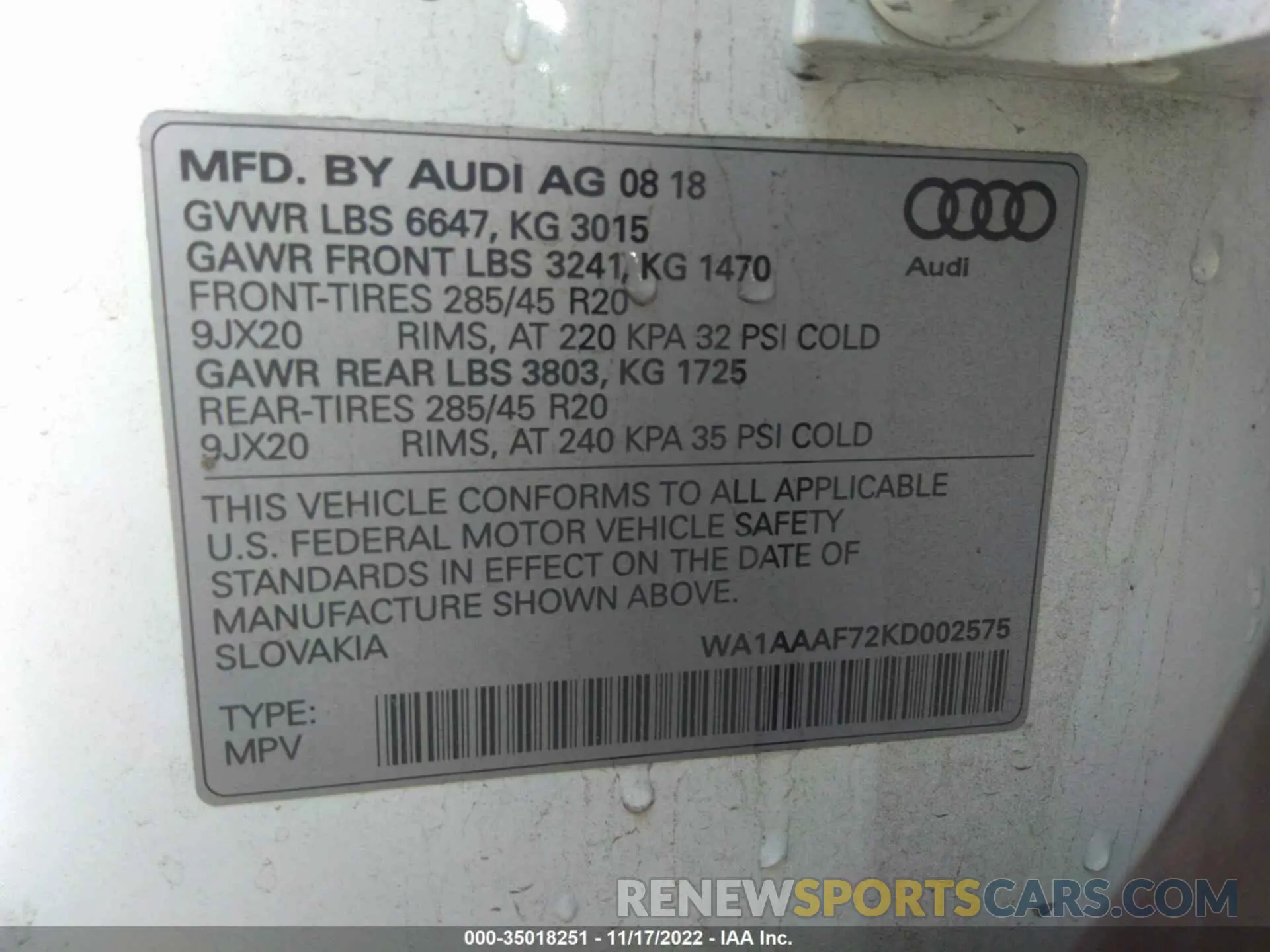 9 fotografías del automóvil dañado WA1AAAF72KD002575 AUDI Q7 2019