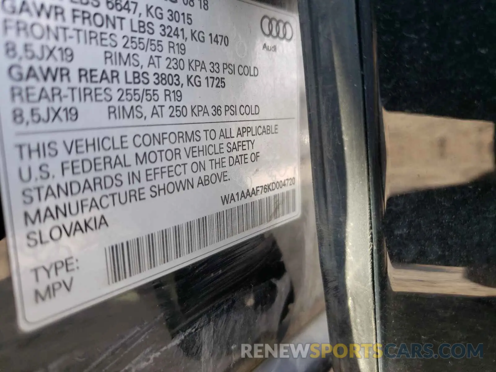 10 fotografías del automóvil dañado WA1AAAF76KD004720 AUDI Q7 2019