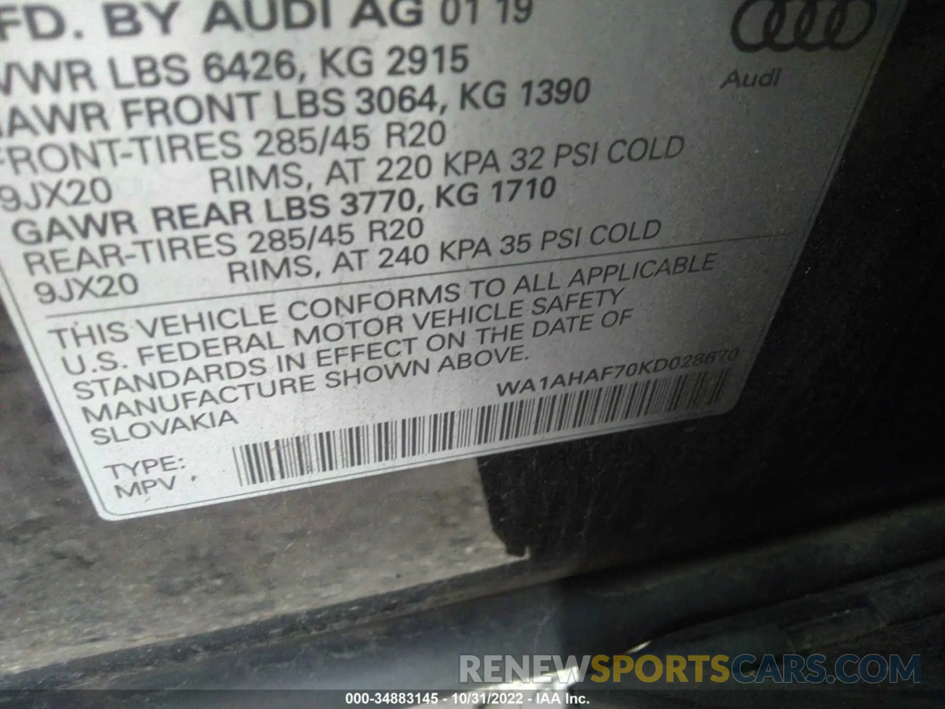 9 fotografías del automóvil dañado WA1AHAF70KD028670 AUDI Q7 2019