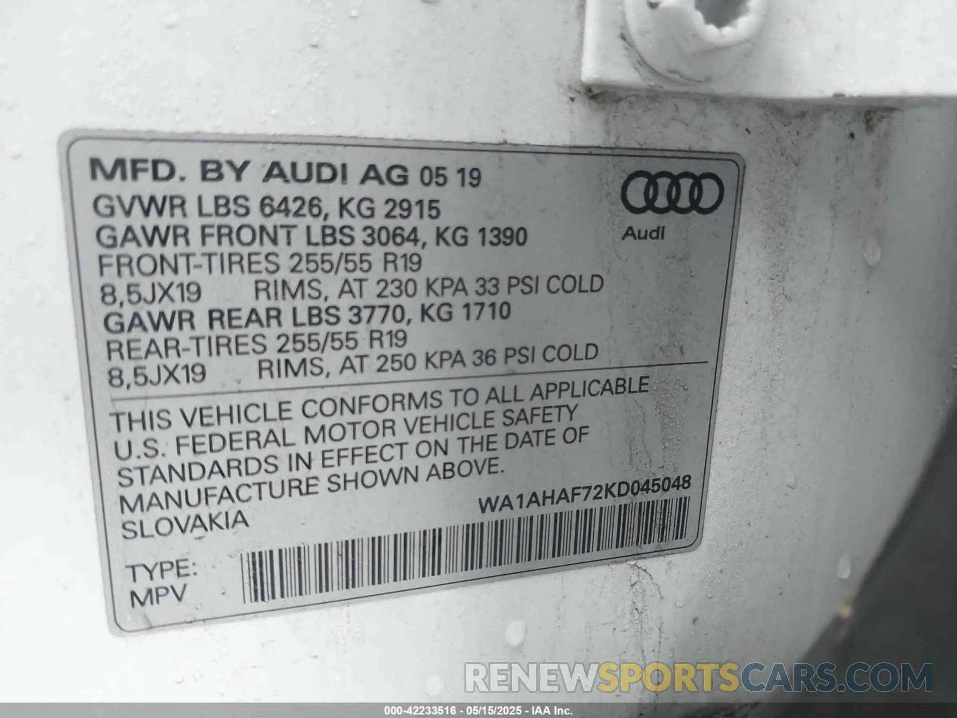 9 fotografías del automóvil dañado WA1AHAF72KD045048 AUDI Q7 2019