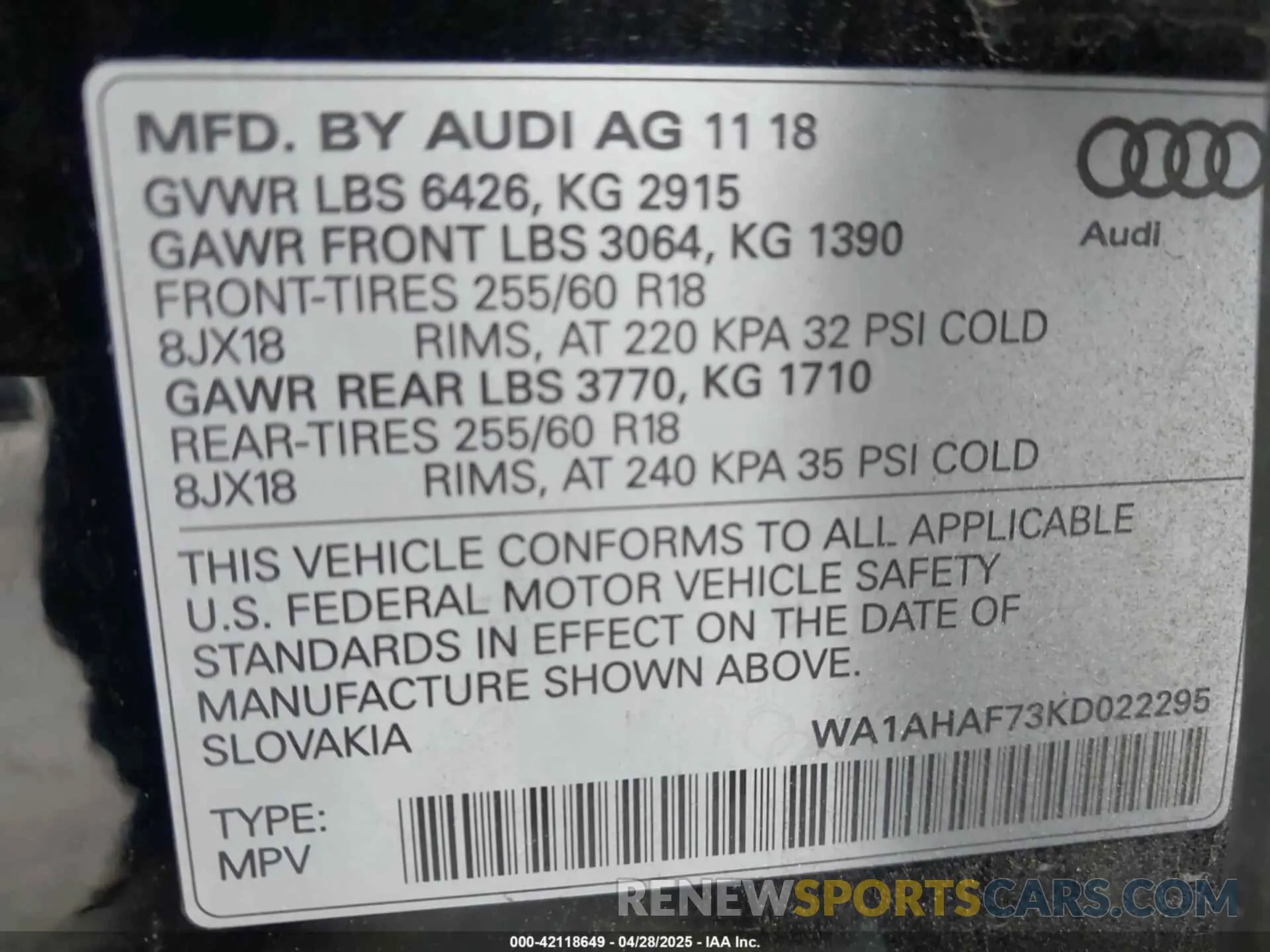 9 fotografías del automóvil dañado WA1AHAF73KD022295 AUDI Q7 2019