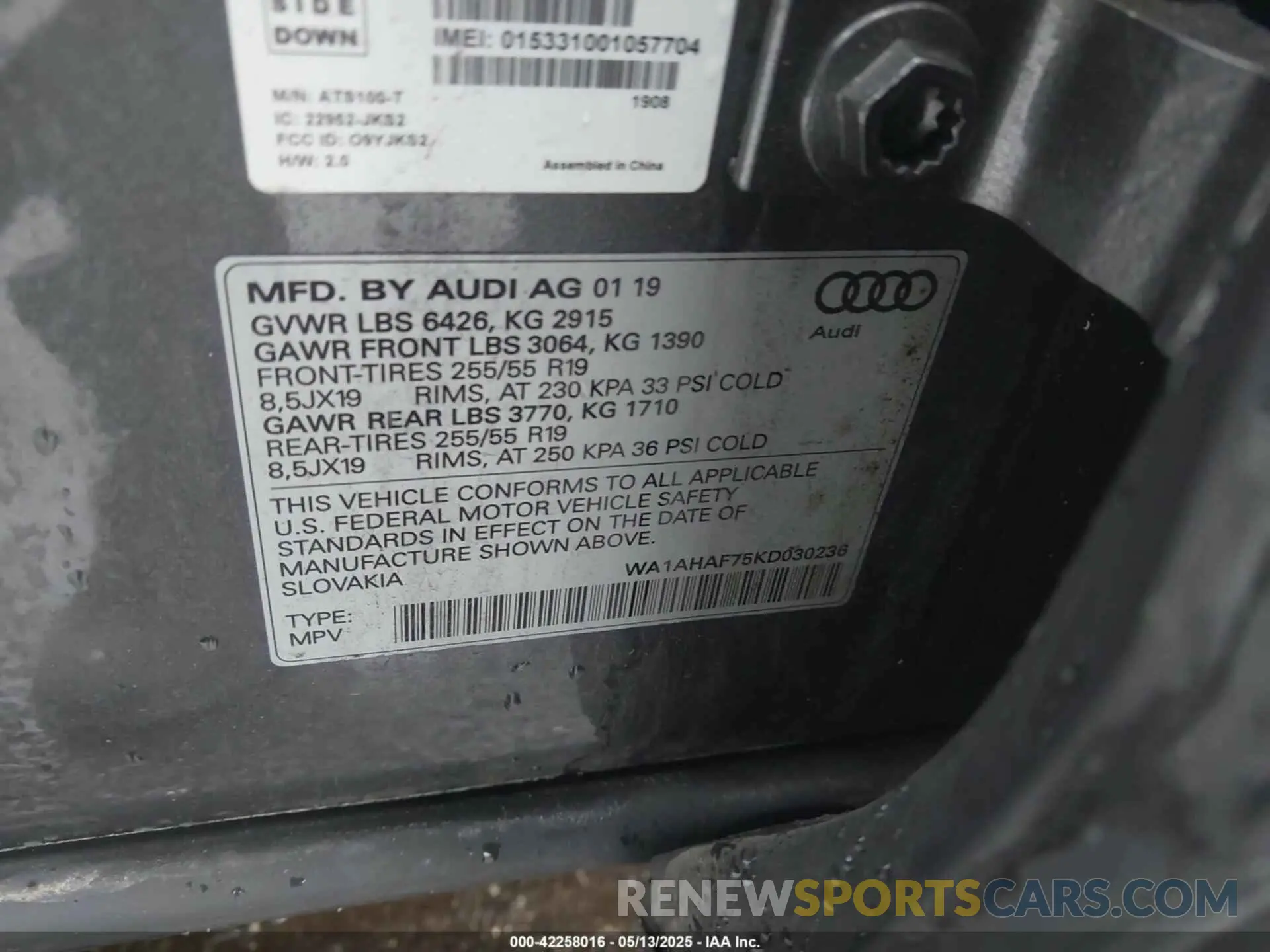 9 fotografías del automóvil dañado WA1AHAF75KD030236 AUDI Q7 2019