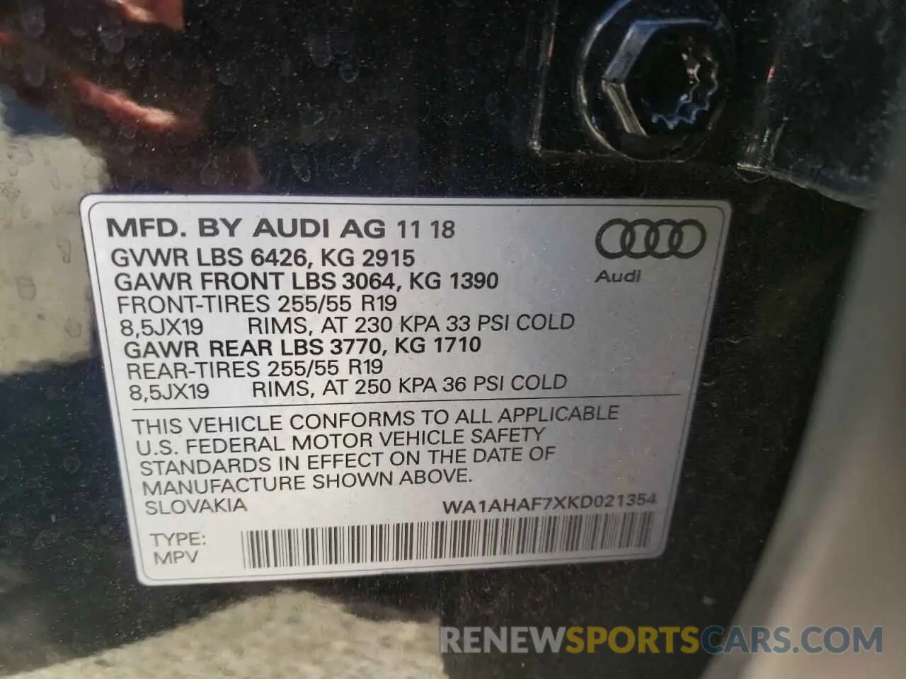 10 fotografías del automóvil dañado WA1AHAF7XKD021354 AUDI Q7 2019