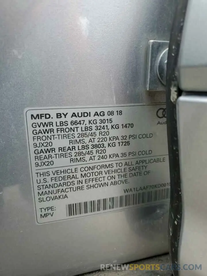 13 fotografías del automóvil dañado WA1LAAF70KD001563 AUDI Q7 2019
