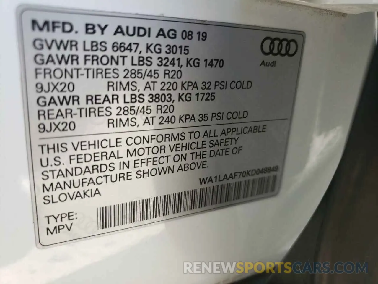 10 fotografías del automóvil dañado WA1LAAF70KD048849 AUDI Q7 2019