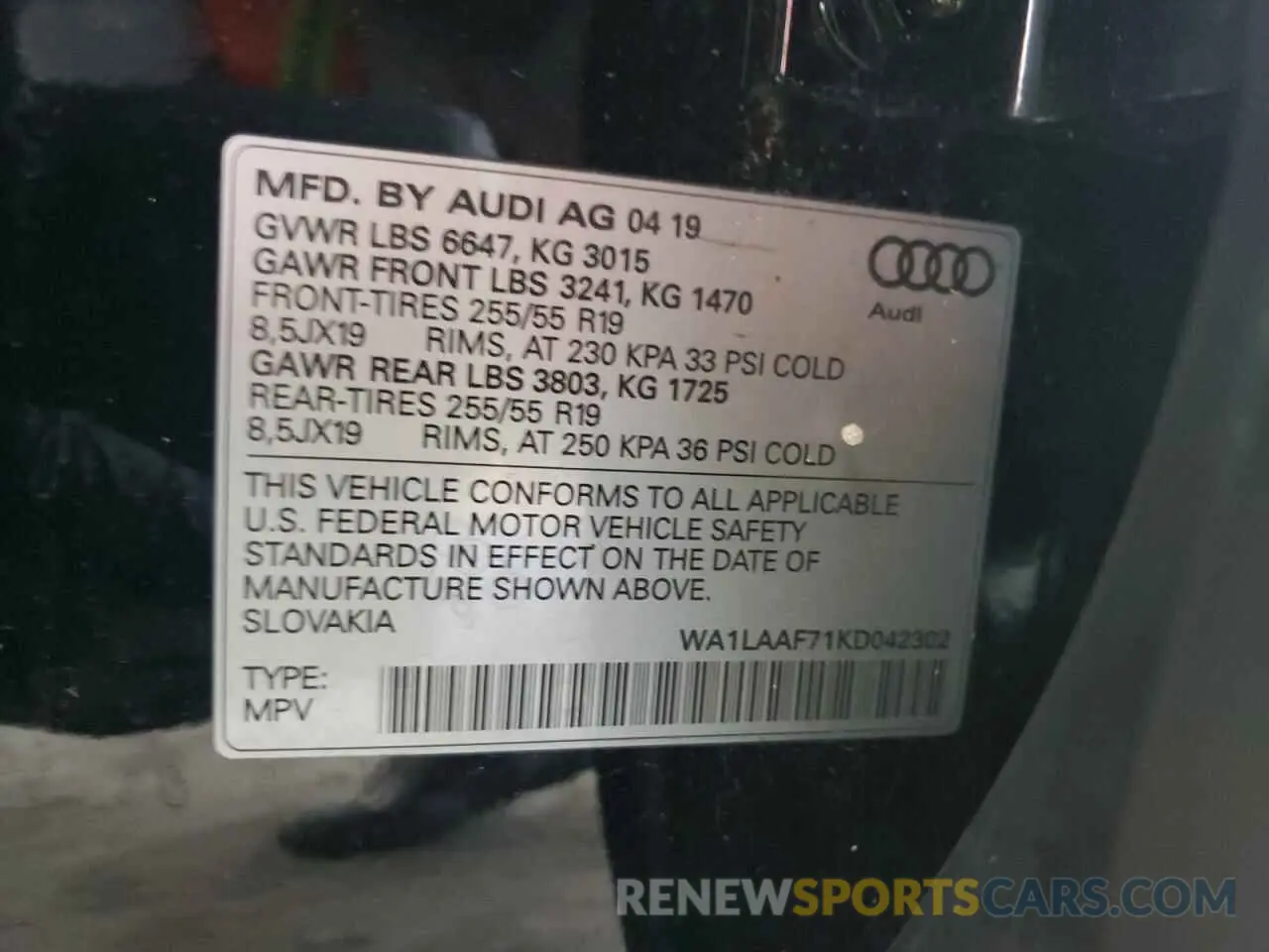 10 fotografías del automóvil dañado WA1LAAF71KD042302 AUDI Q7 2019