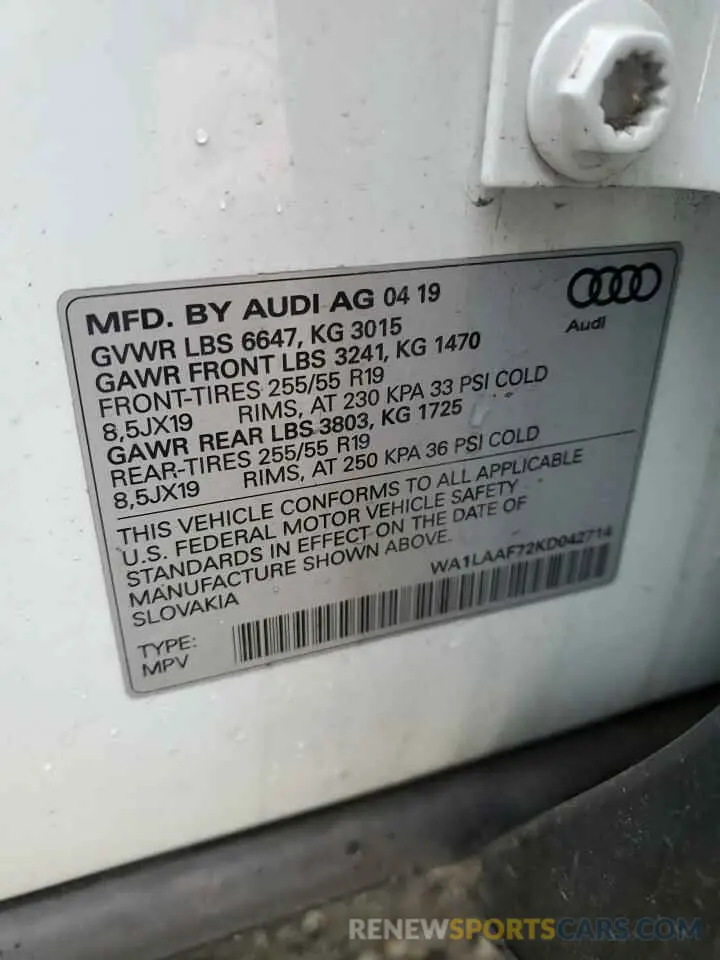 14 fotografías del automóvil dañado WA1LAAF72KD042714 AUDI Q7 2019