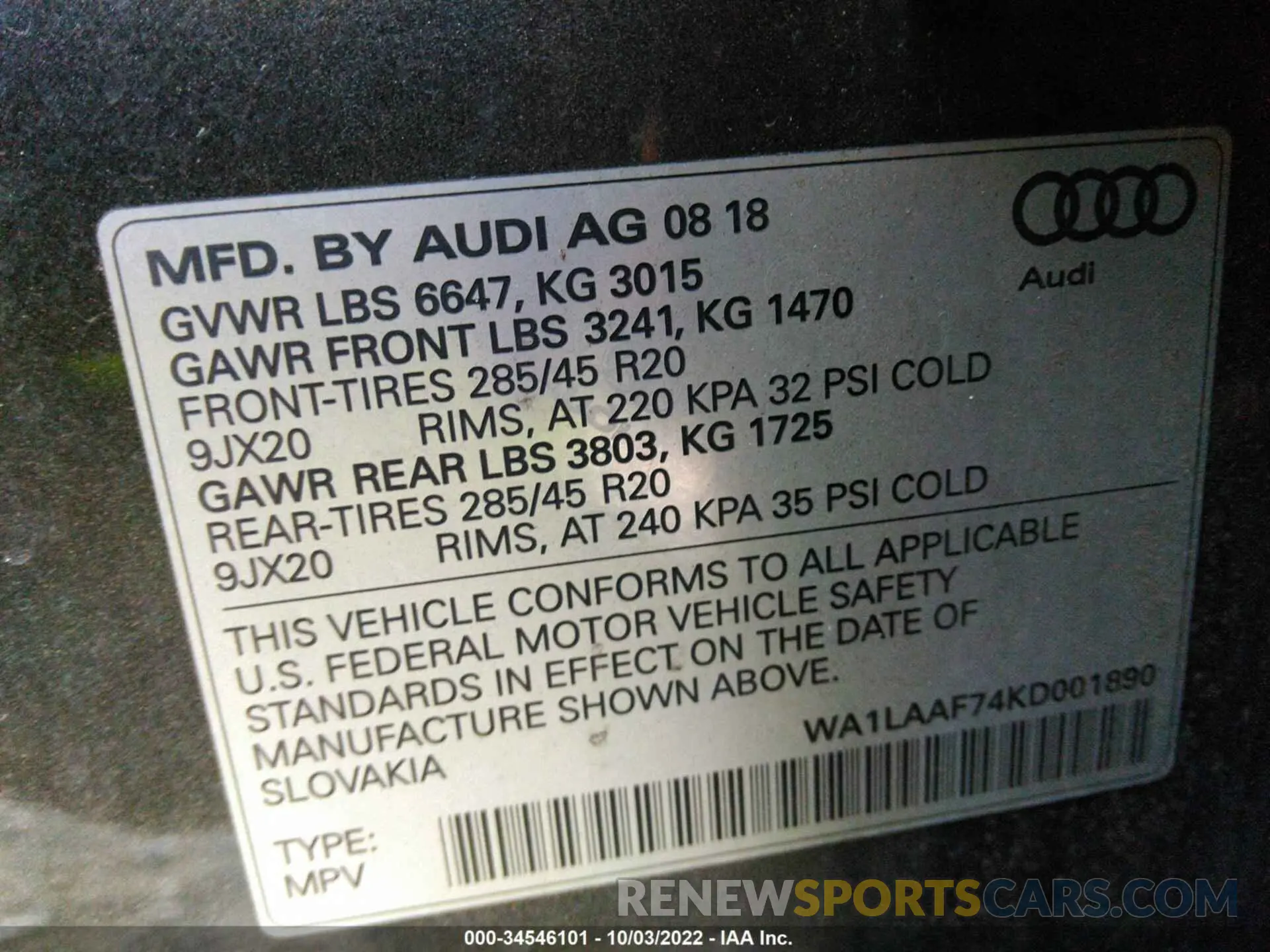9 fotografías del automóvil dañado WA1LAAF74KD001890 AUDI Q7 2019