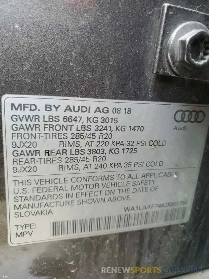 13 fotografías del automóvil dañado WA1LAAF74KD003705 AUDI Q7 2019