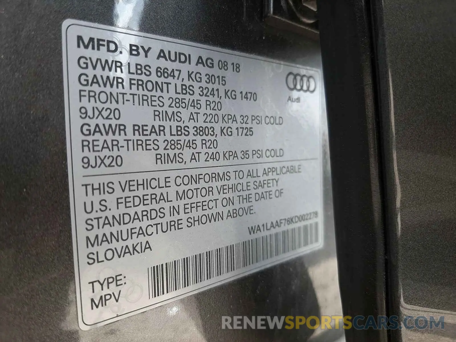 10 fotografías del automóvil dañado WA1LAAF76KD002278 AUDI Q7 2019