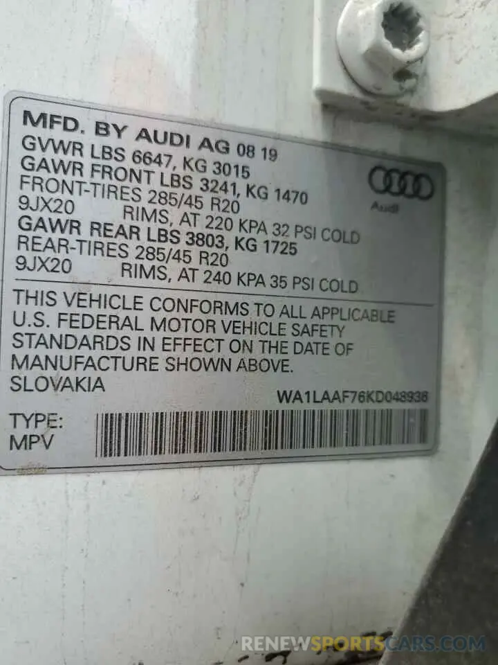 13 fotografías del automóvil dañado WA1LAAF76KD048936 AUDI Q7 2019