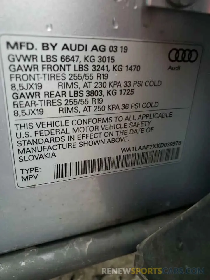 13 fotografías del automóvil dañado WA1LAAF7XKD039978 AUDI Q7 2019