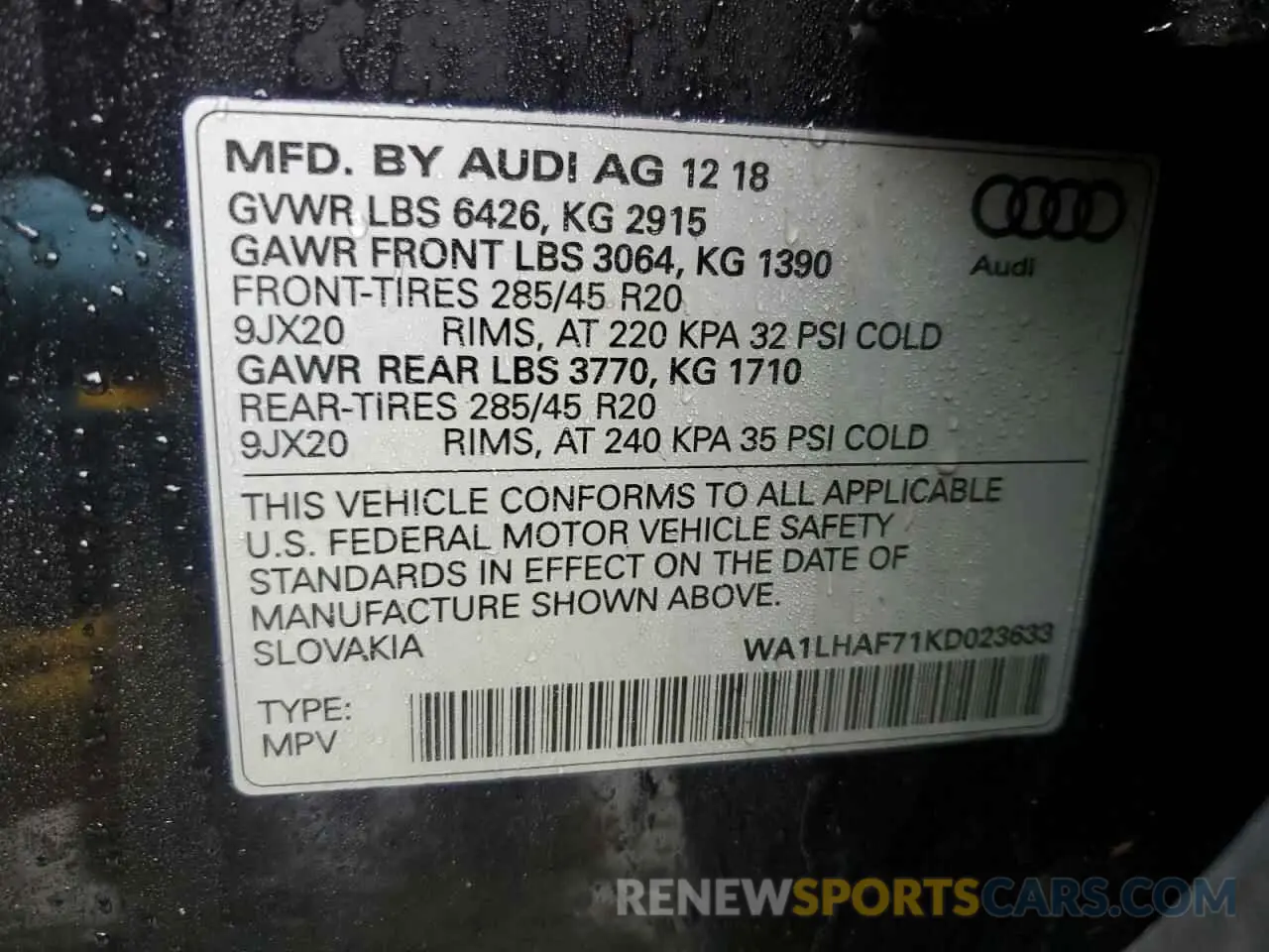 13 fotografías del automóvil dañado WA1LHAF71KD023633 AUDI Q7 2019