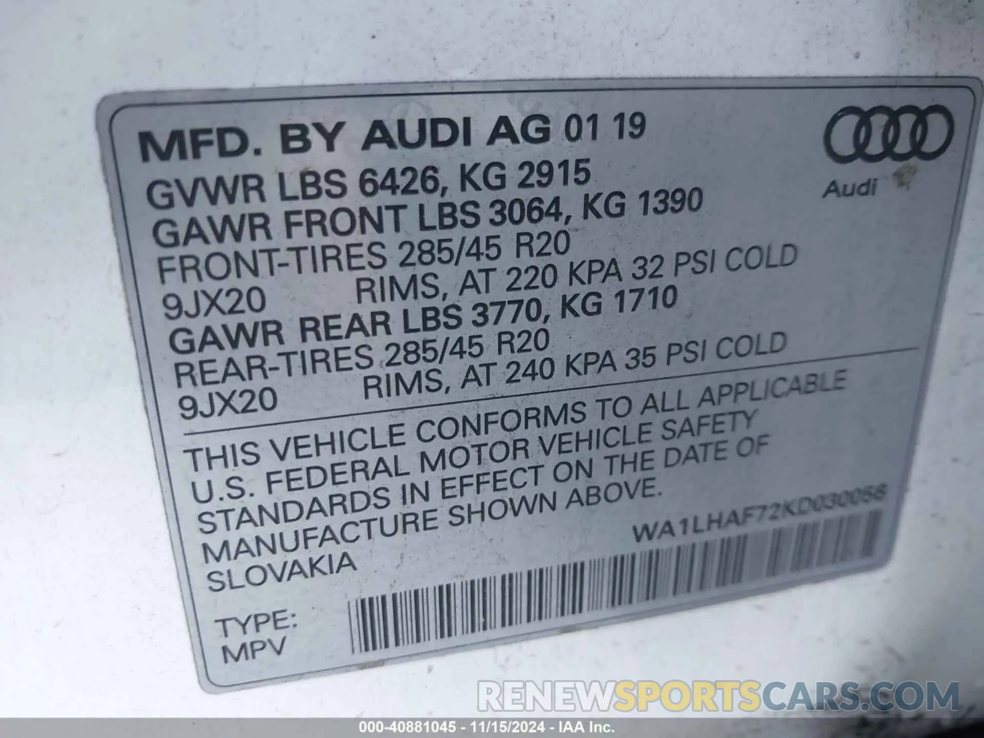 9 fotografías del automóvil dañado WA1LHAF72KD030056 AUDI Q7 2019