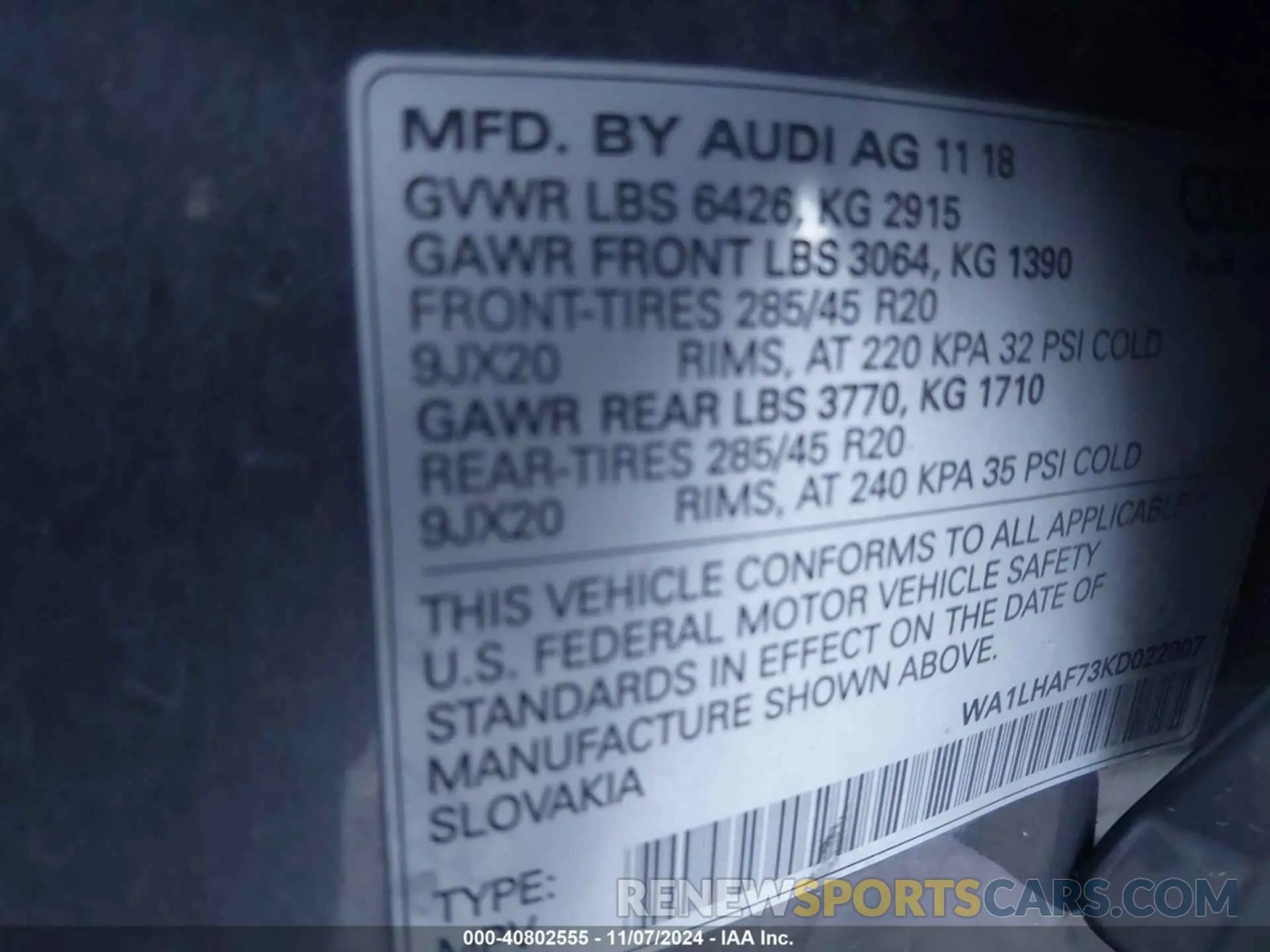 9 fotografías del automóvil dañado WA1LHAF73KD022807 AUDI Q7 2019