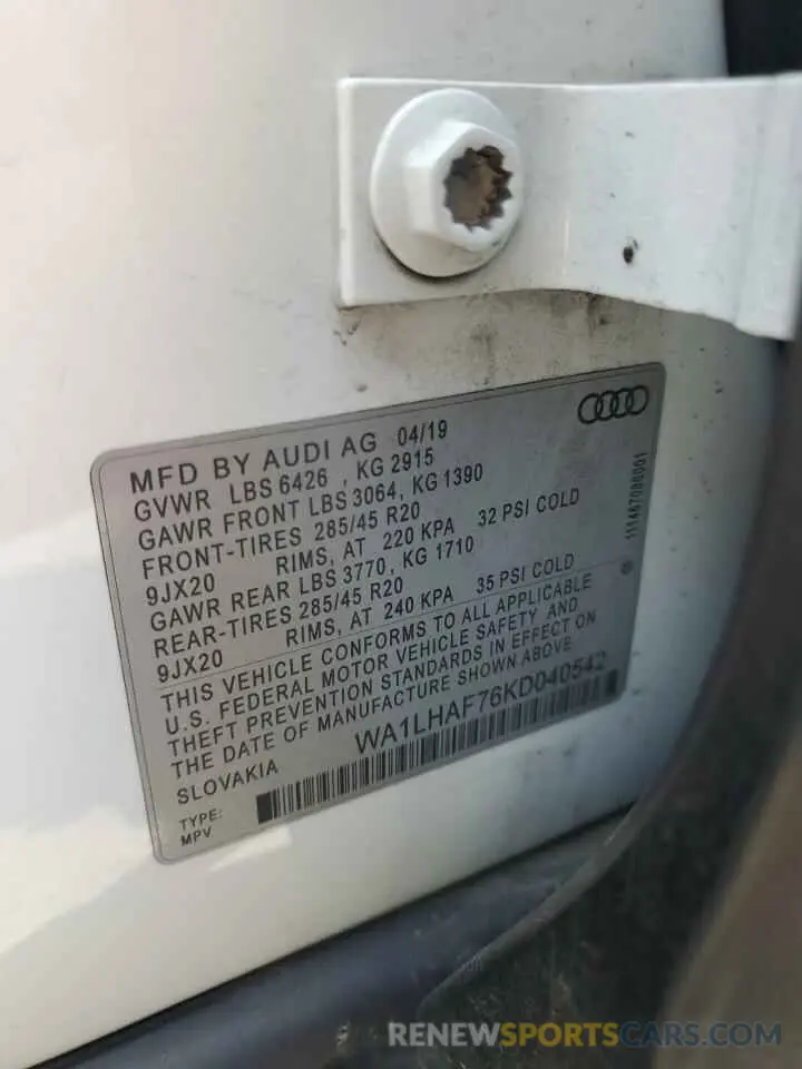 14 fotografías del automóvil dañado WA1LHAF76KD040542 AUDI Q7 2019
