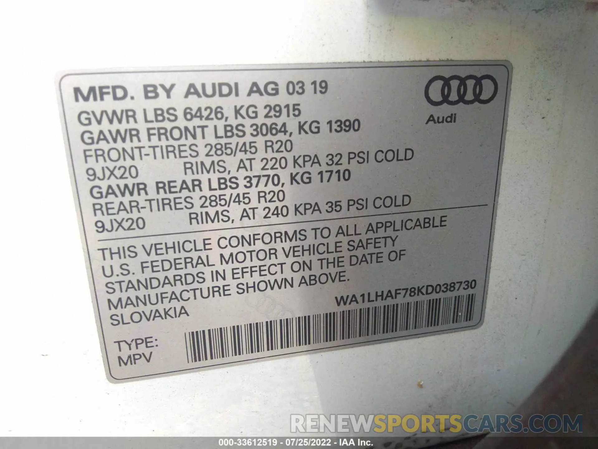 9 fotografías del automóvil dañado WA1LHAF78KD038730 AUDI Q7 2019