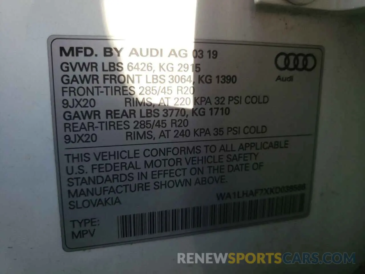 10 fotografías del automóvil dañado WA1LHAF7XKD038566 AUDI Q7 2019