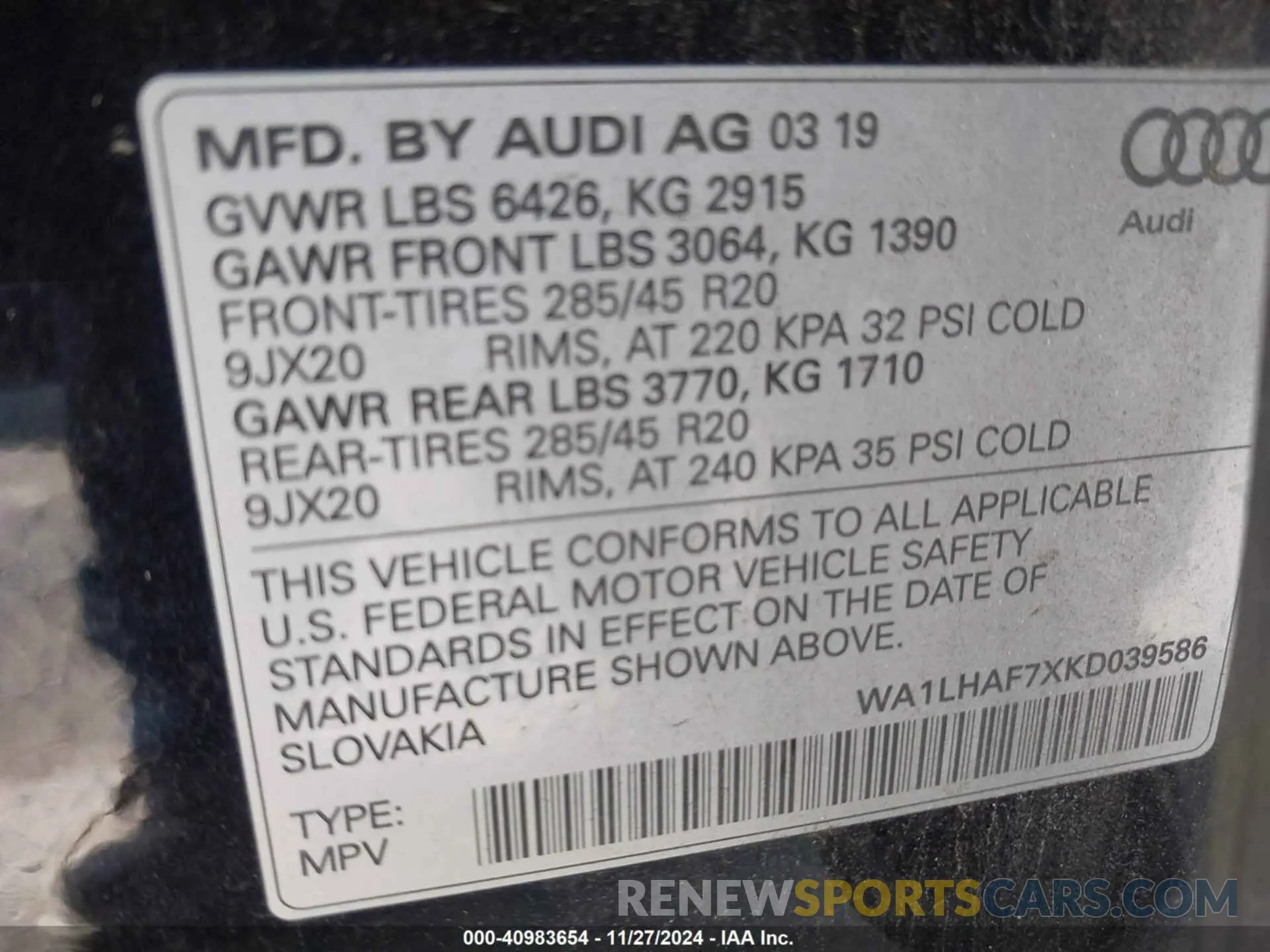 9 fotografías del automóvil dañado WA1LHAF7XKD039586 AUDI Q7 2019