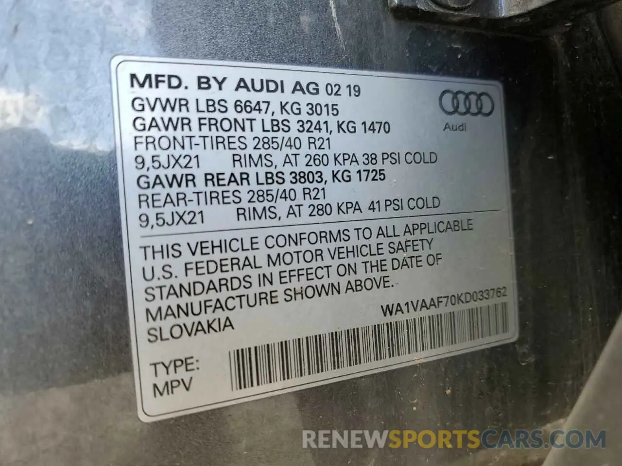 14 fotografías del automóvil dañado WA1VAAF70KD033762 AUDI Q7 2019