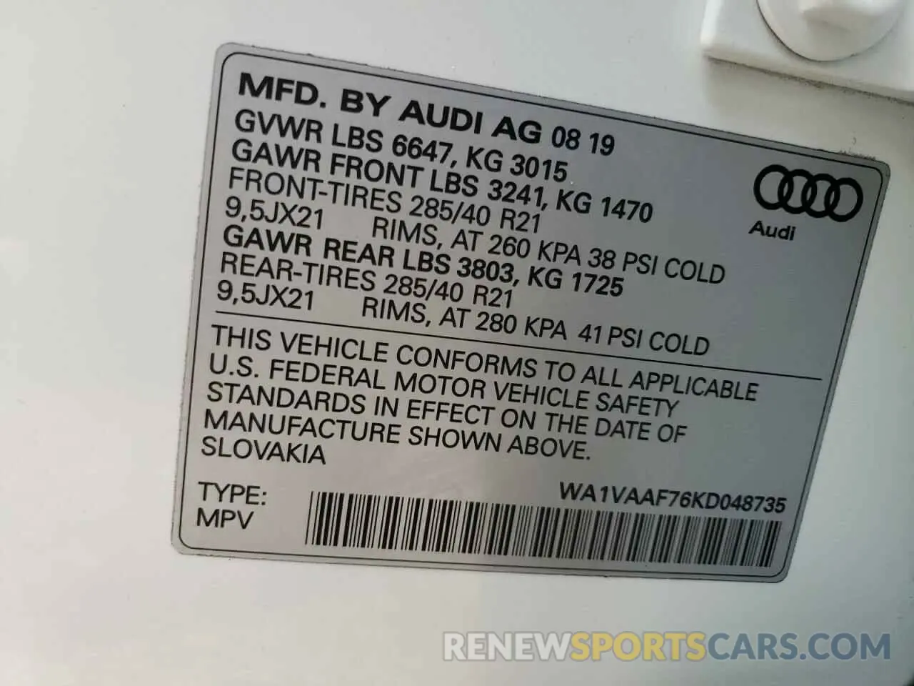 10 fotografías del automóvil dañado WA1VAAF76KD048735 AUDI Q7 2019