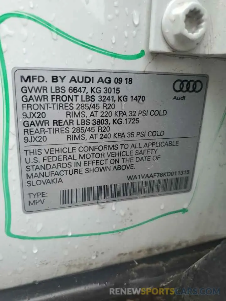13 fotografías del automóvil dañado WA1VAAF78KD011315 AUDI Q7 2019