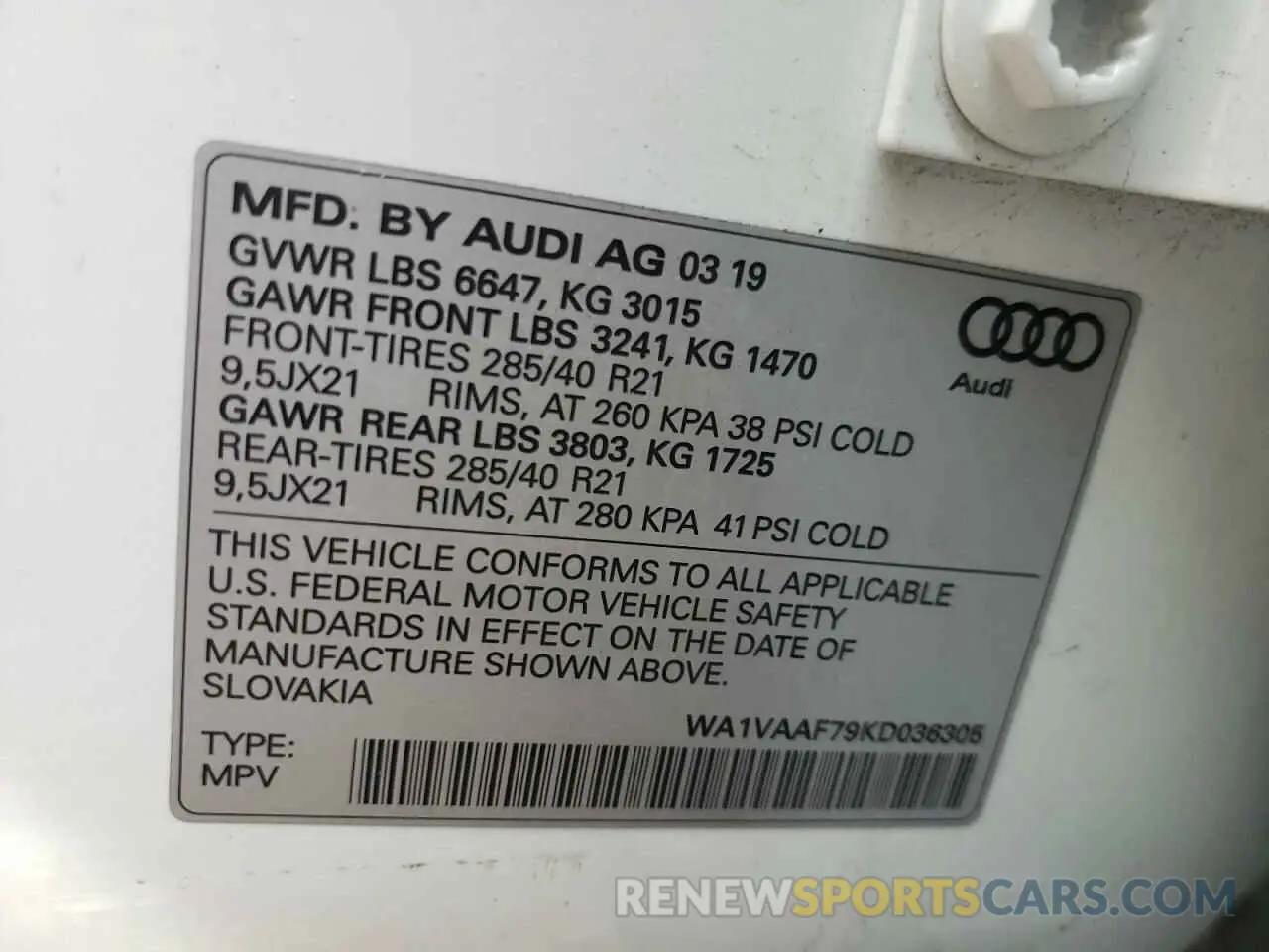 10 fotografías del automóvil dañado WA1VAAF79KD036305 AUDI Q7 2019