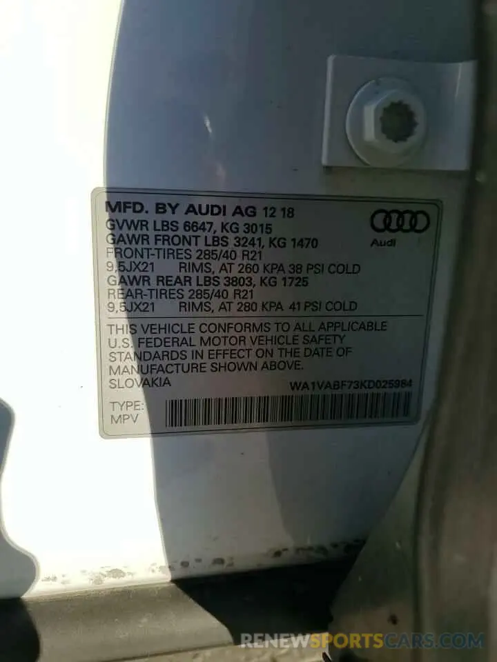 13 fotografías del automóvil dañado WA1VABF73KD025984 AUDI Q7 2019