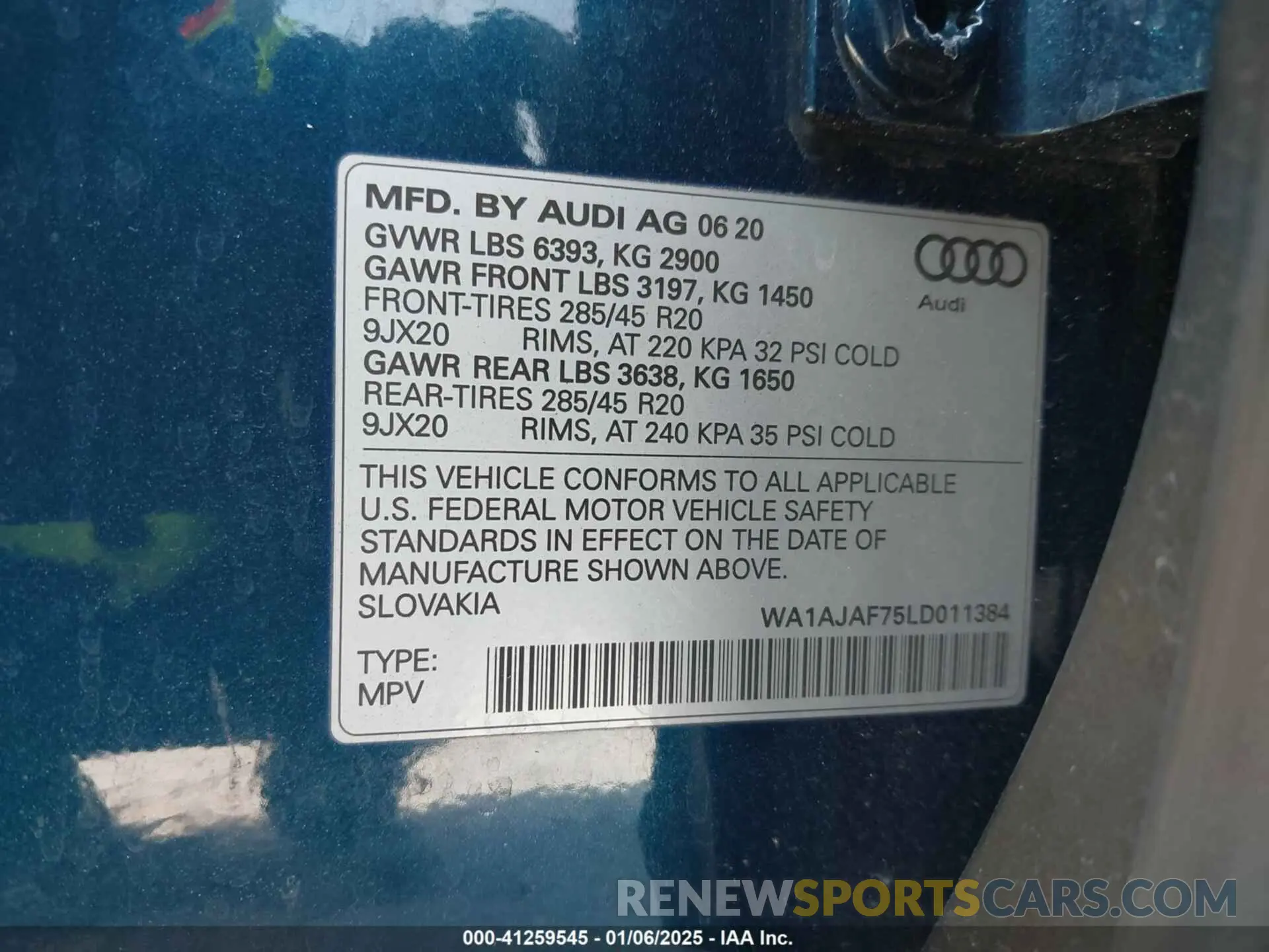 9 fotografías del automóvil dañado WA1AJAF75LD011384 AUDI Q7 2020