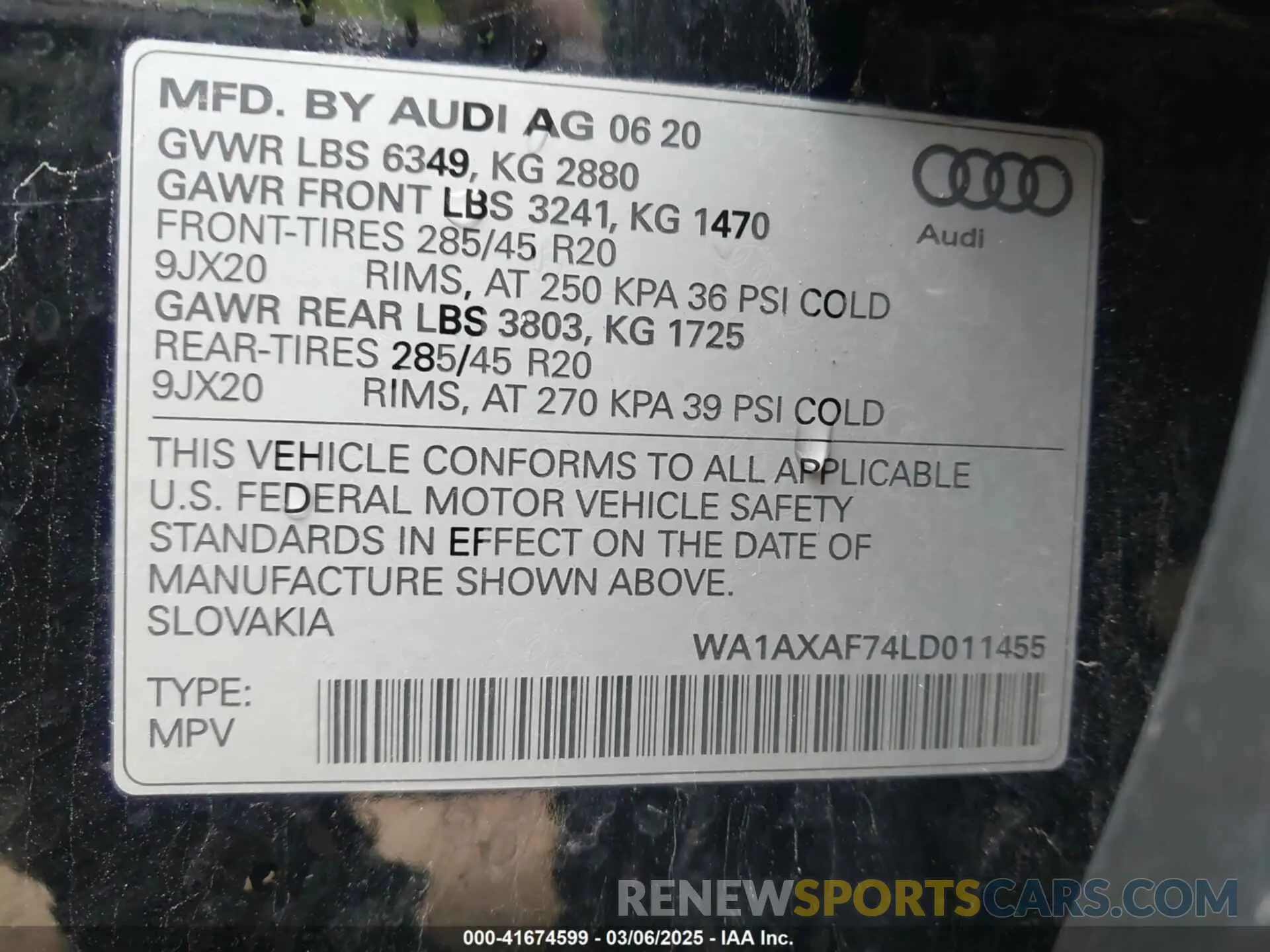 9 fotografías del automóvil dañado WA1AXAF74LD011455 AUDI Q7 2020