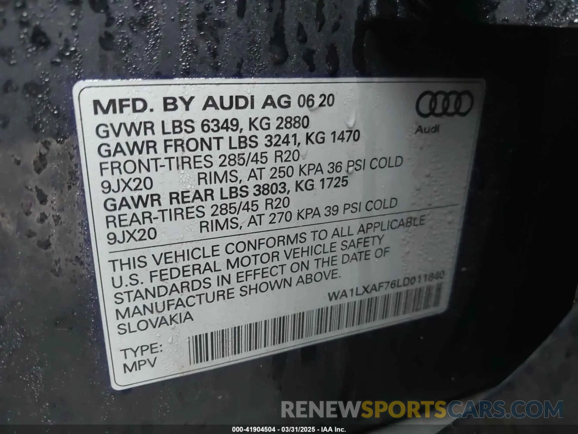 9 fotografías del automóvil dañado WA1LXAF76LD011840 AUDI Q7 2020