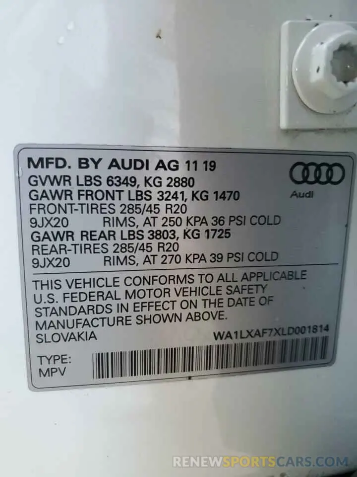 14 fotografías del automóvil dañado WA1LXAF7XLD001814 AUDI Q7 2020