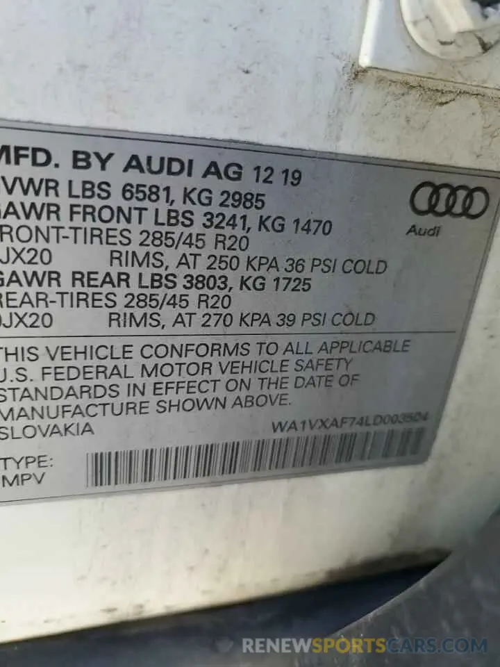 13 fotografías del automóvil dañado WA1VXAF74LD003504 AUDI Q7 2020