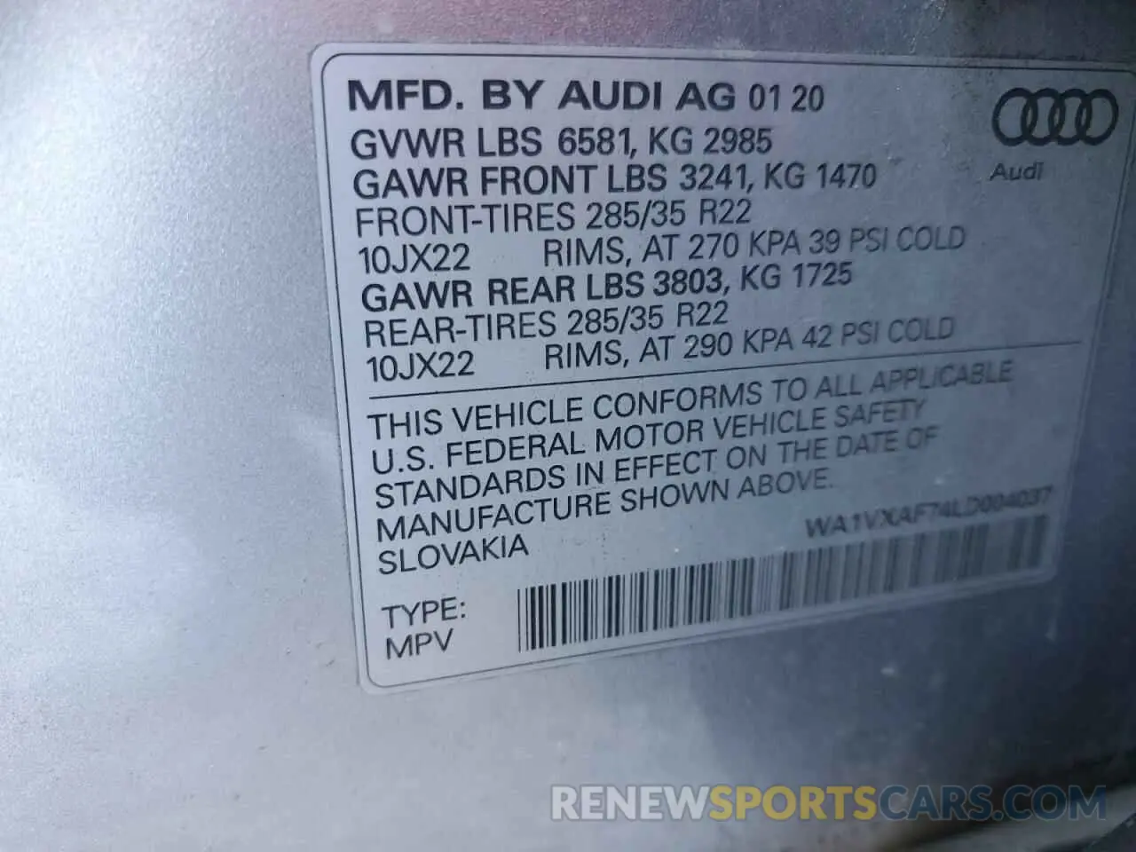 13 fotografías del automóvil dañado WA1VXAF74LD004037 AUDI Q7 2020