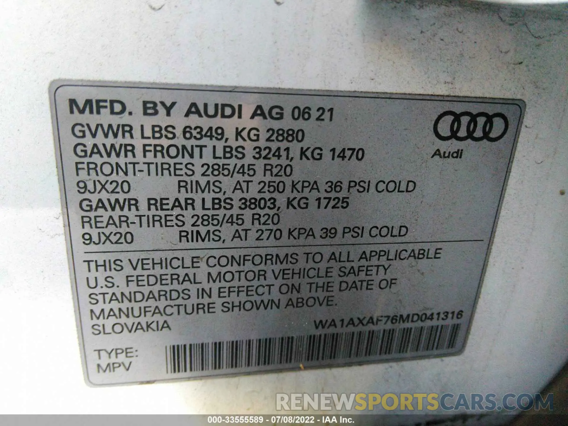 9 fotografías del automóvil dañado WA1AXAF76MD041316 AUDI Q7 2021