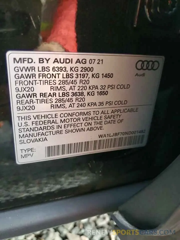 14 fotografías del automóvil dañado WA1LJBF70ND001492 AUDI Q7 2022