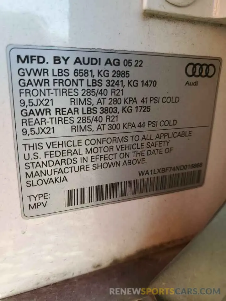 14 fotografías del automóvil dañado WA1LXBF74ND016866 AUDI Q7 2022