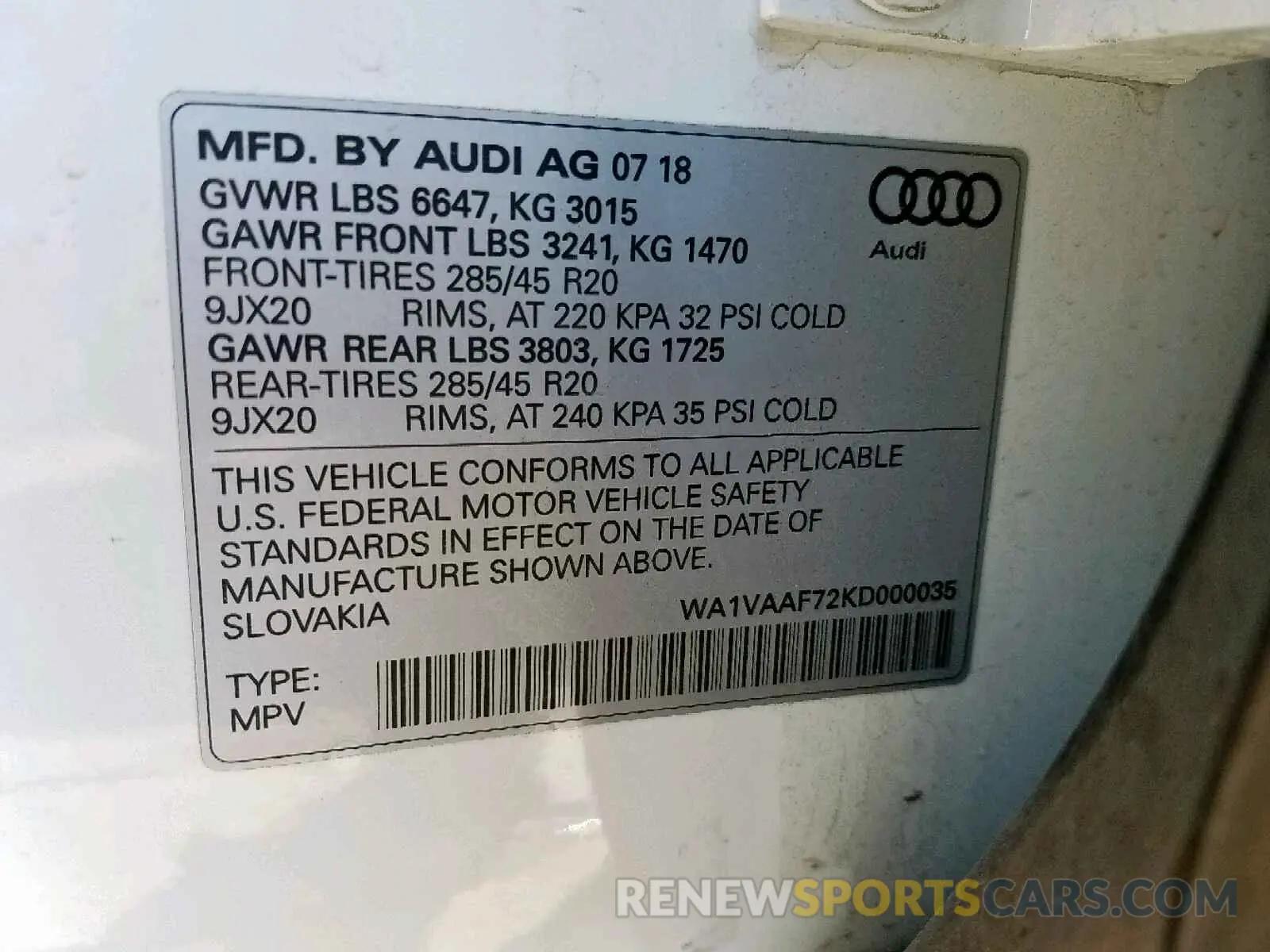 10 fotografías del automóvil dañado WA1VAAF72KD000035 AUDI Q7 PRESTIG 2019