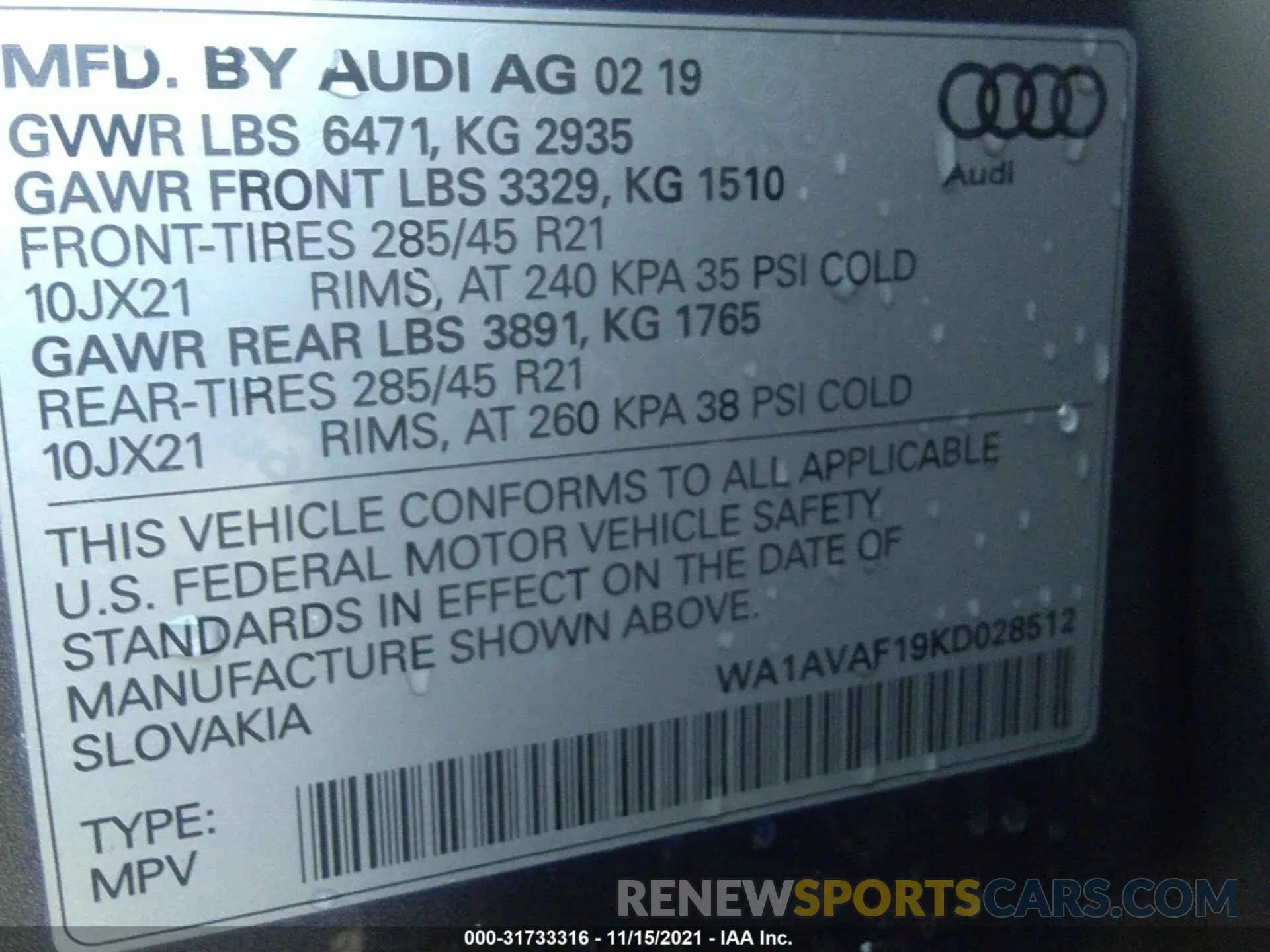 9 fotografías del automóvil dañado WA1AVAF19KD028512 AUDI Q8 2019