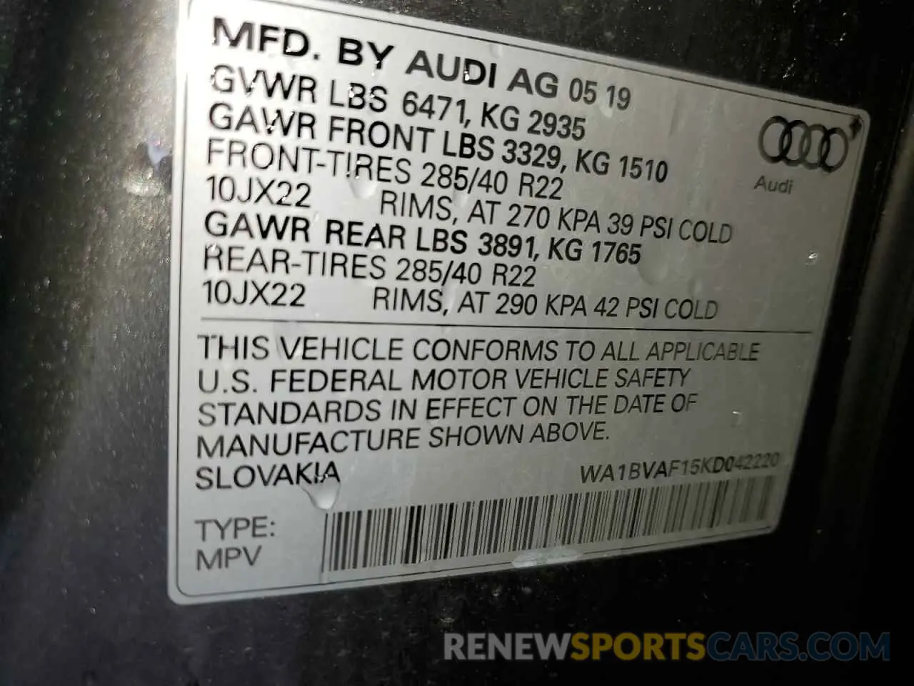 14 fotografías del automóvil dañado WA1BVAF15KD042220 AUDI Q8 2019