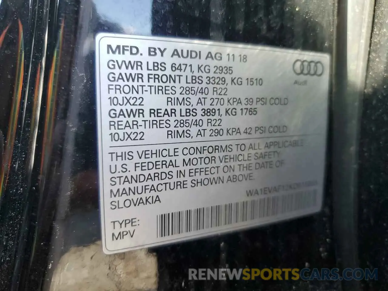 13 fotografías del automóvil dañado WA1EVAF12KD016865 AUDI Q8 2019