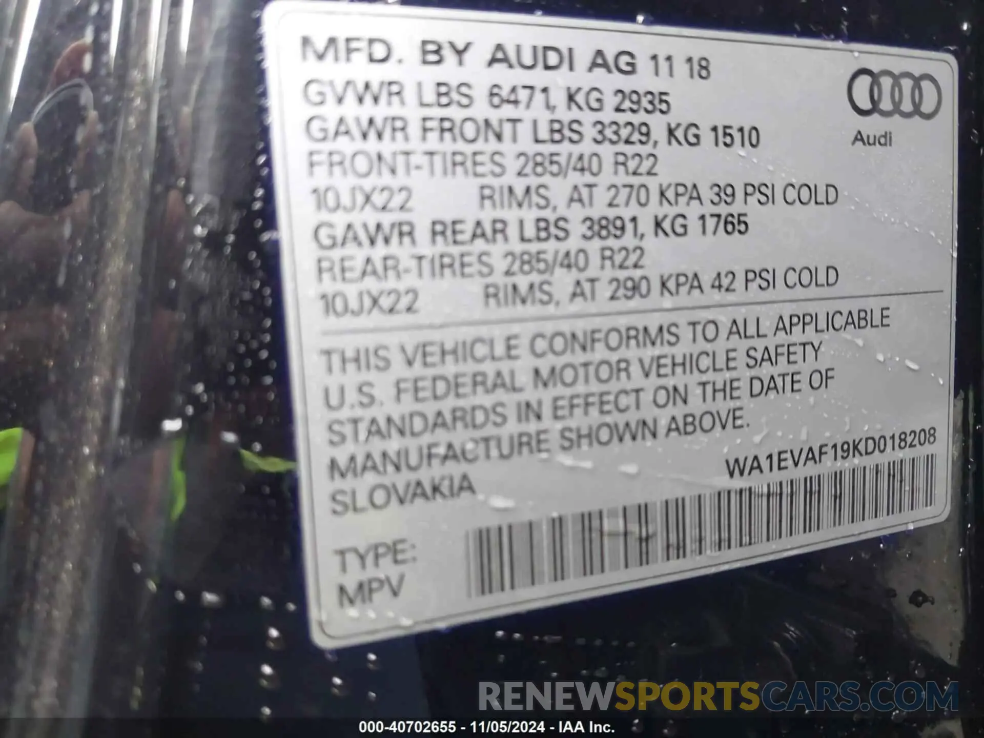 9 fotografías del automóvil dañado WA1EVAF19KD018208 AUDI Q8 2019