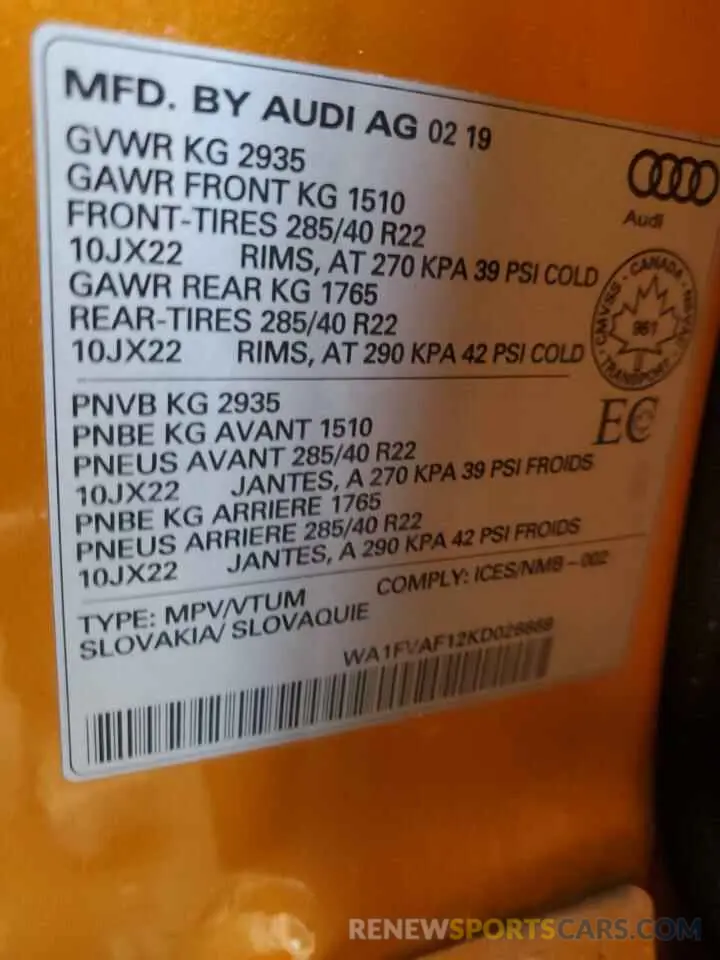 14 fotografías del automóvil dañado WA1FVAF12KD026669 AUDI Q8 2019