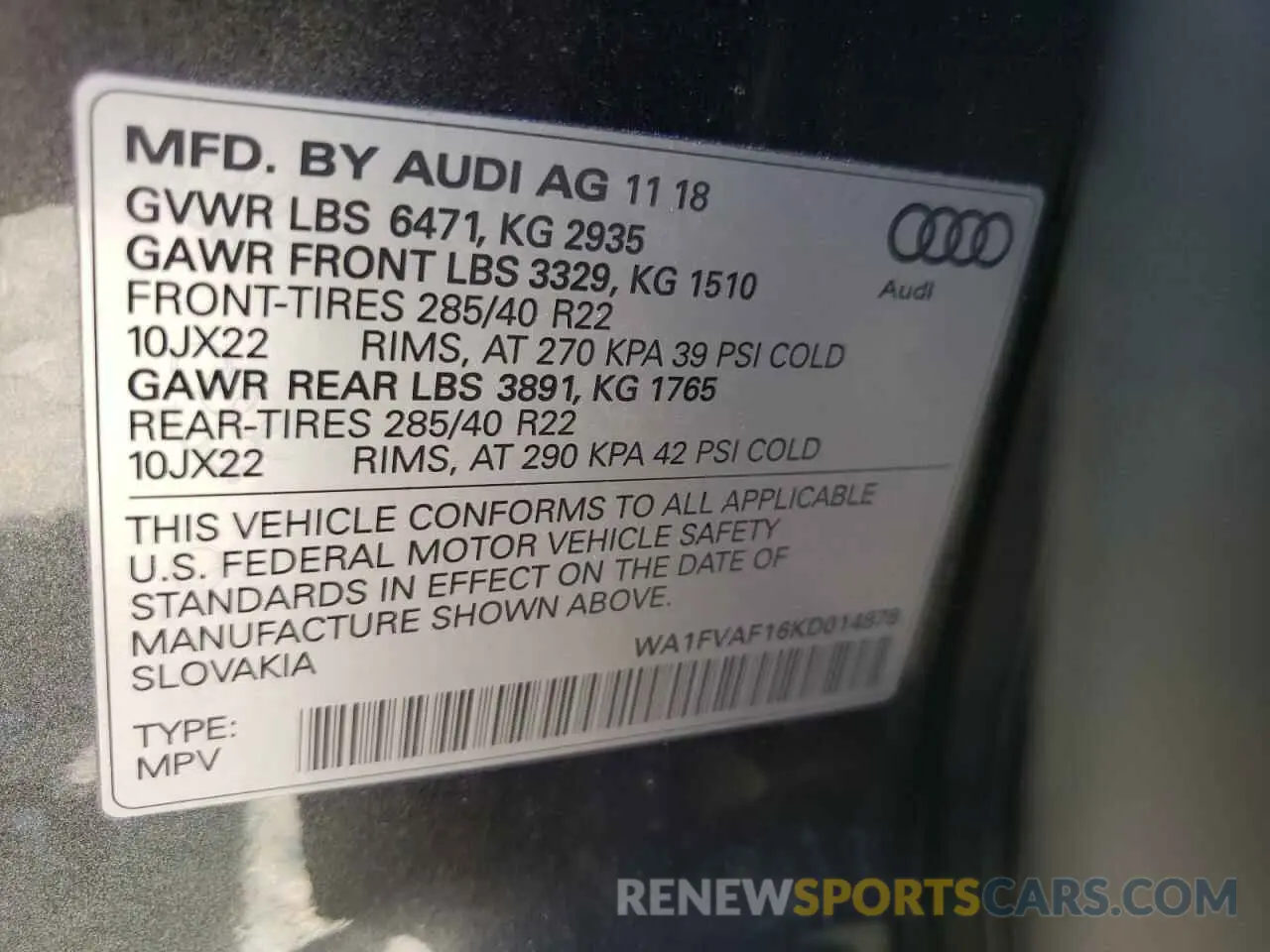 10 fotografías del automóvil dañado WA1FVAF16KD014878 AUDI Q8 2019