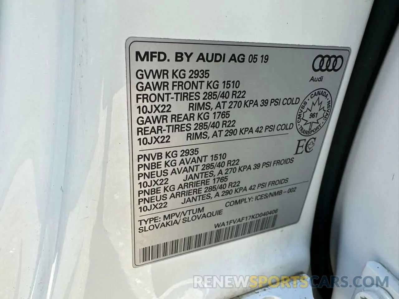 10 fotografías del automóvil dañado WA1FVAF17KD040406 AUDI Q8 2019