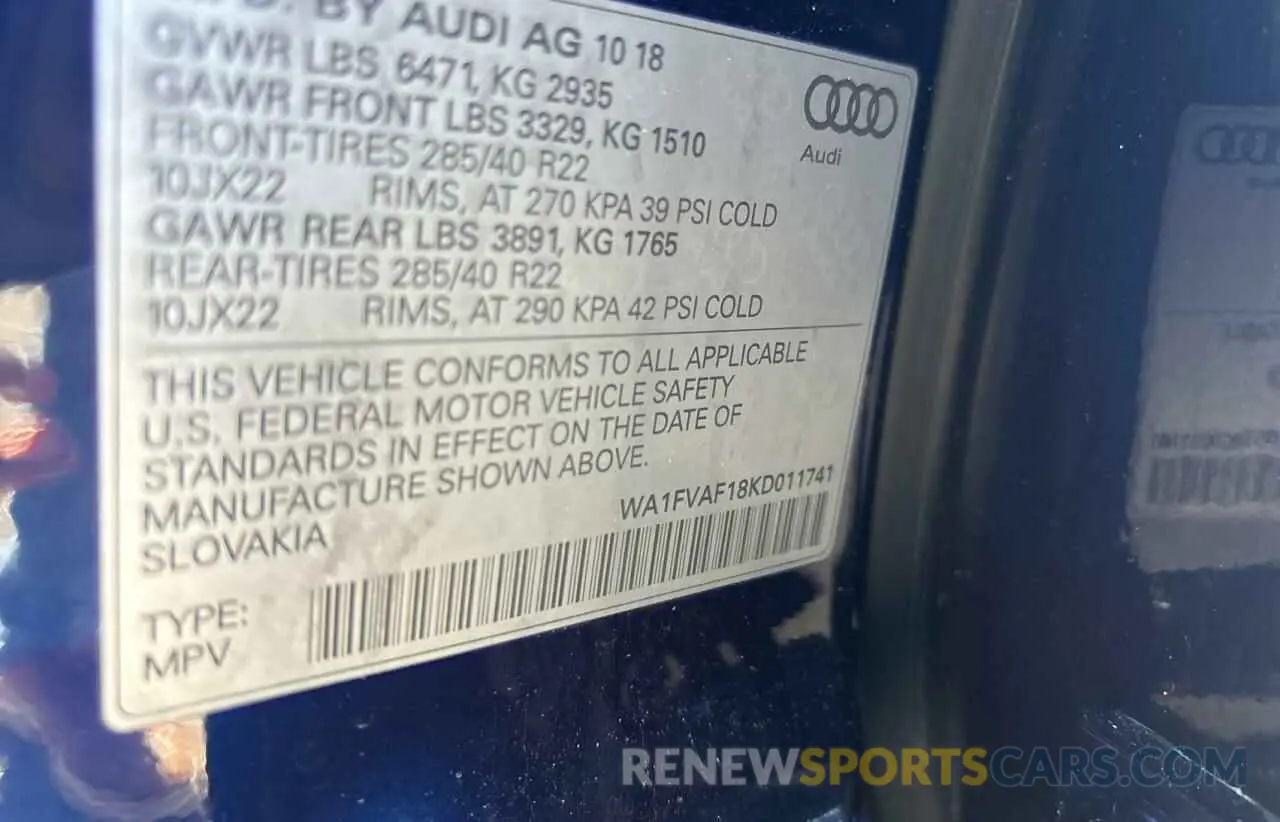 10 fotografías del automóvil dañado WA1FVAF18KD011741 AUDI Q8 2019