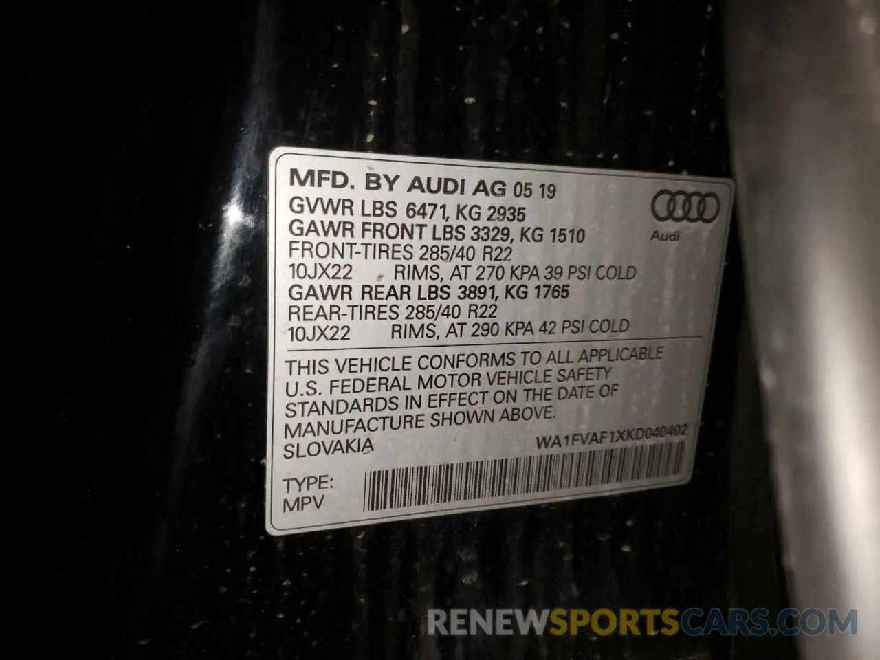 10 fotografías del automóvil dañado WA1FVAF1XKD040402 AUDI Q8 2019
